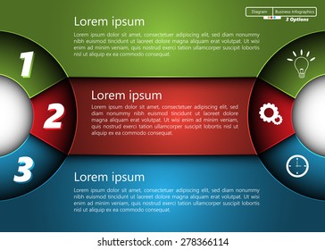 Metallic Diagram Semi-Circle Design, 3 Options, 2 Side for Number and  Business Ico, Information Text Design On Metallic Multi-Color Background, Vector Illustration