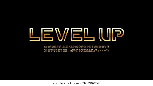 Metallic digital gold style alphabet, trendy font from golden segment line, technology style letters and numbers and punctuation marks, vector illustration 10EPS