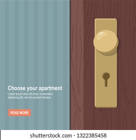 Metallic door handle and lock on a classic wooden door. Home. Vector Illustration