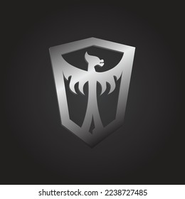 Metallic dragon vector logo within a shield. Suitable for sports, brand, product, and business.