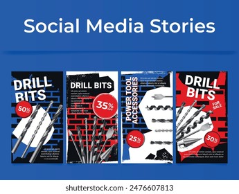 Metallic drill bits power accessory sale social media stories design template set vector illustration. Construction industrial maintenance instrument electric screwdriver discount shopping promo