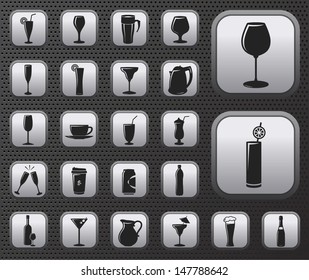 Metallic drinks and beverages vector web icons buttons set on dark background
