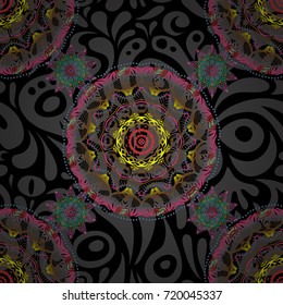 Metallic elements for frame, ribbon, banner, mandalas. Vector gradient seamless texture. Elegant blue, pink and brown vector template on black background. Realistic abstract seamless pattern.