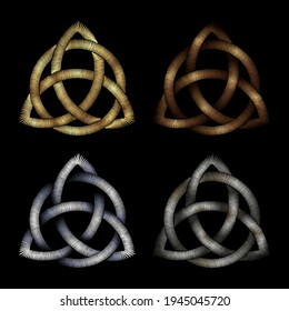 Metallic embroidery on a black background. Golden celtic pattern. Irish ornament for decoration and frames. Four metals: silver, brass, gold, copper.