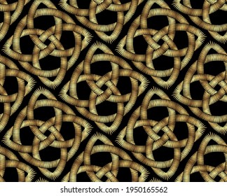 Metallic embroidery seamless pattern on a black background. Golden celtic pattern. Irish ornament for decoration