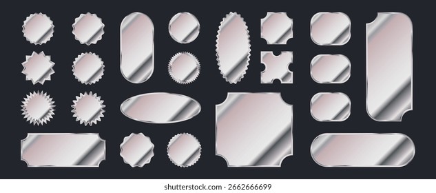 Etiquetas metálicas vazias e adesivos, pequenos banners com textura cromada. Estilo elegante vintage futurista, quadros e bordas. Ilustração vetorial.