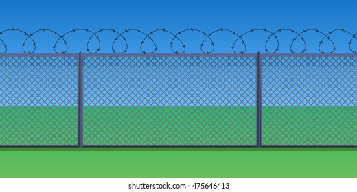 Metallic fence with bearded wire. Colorful seamless pattern. Flat vector stock illustration.