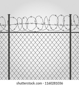 Metallic fence with bearded wire isolated on white background. Realistic vector stock illustration