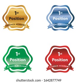 Metallic first position sticker, icon, shiny badge, success celebration, big achievement, academic award, vector illustration, isolated on white background, red, blue, green, gold, colorful ribbon