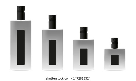 Metallic flacon set with black cap spray for perfume isolated on white background. Vector illustration. Metal container for liquid template. Mockup flacon for fashion, market, beauty industry.