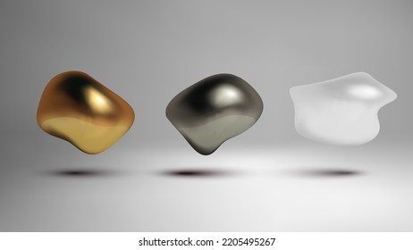 Metallic fluid shape. 3d liquid bubbles set.