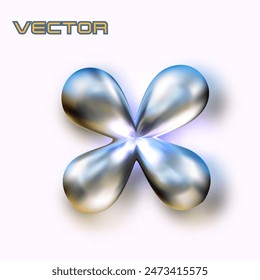 Metallic four-petal flower design isolated on pink background. The flower is rendered with a polished, silver finish.3d vector illustration