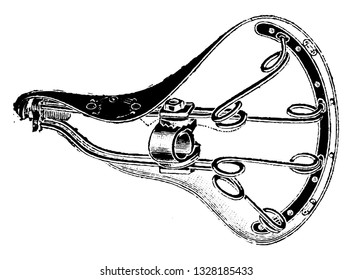 It is a metallic frame where the leather is laid on. It is a place where the rider sits, vintage engraved line art illustration. Bicycle Accessories - 1900