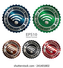 Metallic free wifi available here icon, tag, label, badge, sign, sticker isolated on white , vector format