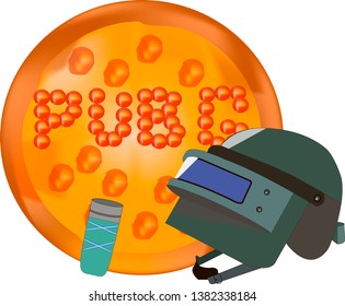 
metallic gaming helmet on the background of pizza, pubg gaming theme