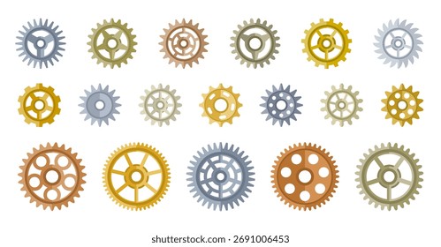 Conjunto plano de engranajes metálicos. Rueda dentada de diferentes Formas tamaños colores estilos. Elemento de mecanismo de engranaje, detalle de ingeniería, industrial. Pieza redonda de la máquina de piñón de rotación de precisión. símbolo de Configuraciones