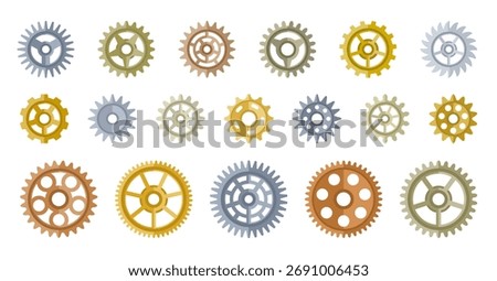Metallic gear flat set. Toothed wheel different shapes sizes colors styles. Cog mechanism element, engineering detail, industrial. Round precision rotation sprocket machine part. Settings symbol