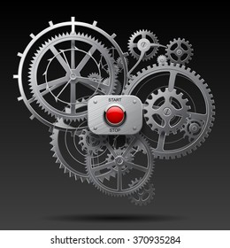 Metallic gear wheels of clockwork with start and stop red button on black background. Techno symbol and metaphor. Vector Illustration