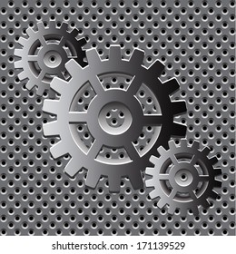 Metallic gear wheels on abstract dotted metal background. Vector illustration