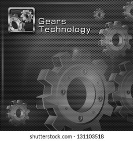Metallic gears on dark mesh background & text, vector illustration . Vector Illustration.