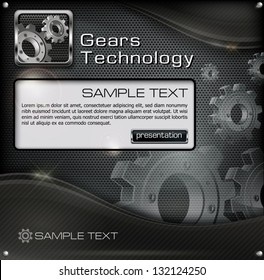 Metallic gears on dark mesh background & text, vector illustration . Vector Illustration.