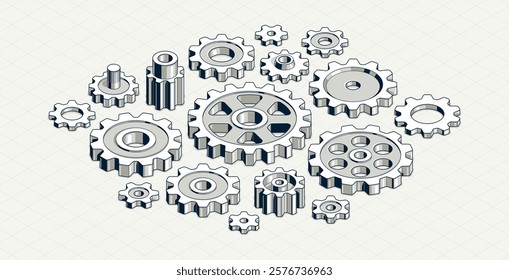 Metallic gears set vector 3D isometric illustration, steel cogs and cogwheels, mechanical engineering, gears are suitable to each other and can be composed together in mechanism.
