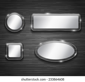 Metallic and glass buttons on brushed metal background. Vector illustration