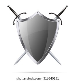 Metallic glittering shield and two swords isolatedon white background