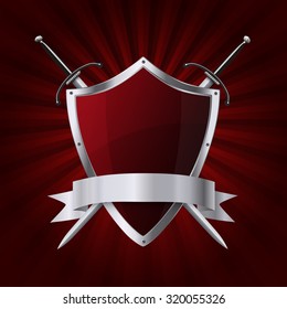 Metallic glittering shield and two swords with ribbon on red rays background