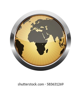 Metallic glossy button with globe, isolated on white. Vector illustration. Metallic round button.
