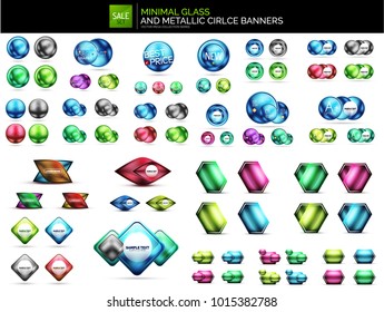 Metallic glossy color abstract shapes, vector banner layouts, buttons. Mega collection of vector templates