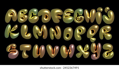 Metallic Glossy font. Balloons Y2k Bubble Vibrant, shiny holographic vector alphabet, with a smooth reflective surface. Template for products, advertizing, web banners, leaflets, certificates and post