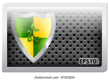 Metallic glossy frame with round holes and green sprout on shield