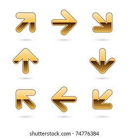 Metallic glossy gold arrow sign web 2.0 icon with grey shadow on white background