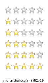 Metallic and glossy rating stars on white with reflection. Vector.
