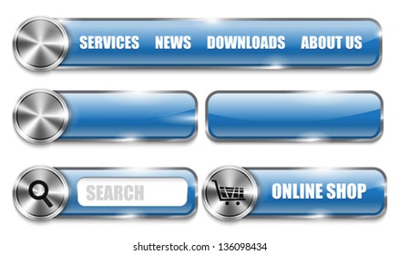 Metallic and glossy website design blue elements. Vector Illustration