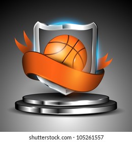 Metallic glossy winning shield of basket ball with orange ribbon on glossy stage. EPS 10.