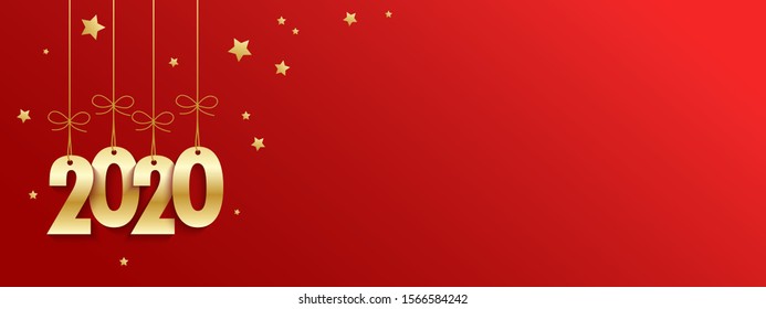 Metallic gold 2020 suspended on red background with stars