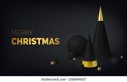 Metallic gold 3D Christmas tree. Realistic abstract background black 3d. Greeting card, invitation with happy New year 2020 and Xmas. Vector Illustration