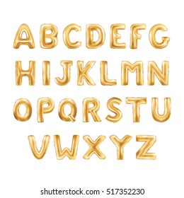 Metallic Gold ABC Balloons, Golden Letter Alphabeth. Gold Type Balloons For Text, Letter, New Year, Holiday, Birthday, Celebration. Golden Shiny Bright Font In The Air.