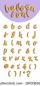 Metallic gold ABC Balloons Set, letter alphabet. type Balloons for letter, new year, holiday, birthday, celebration. Gold shiny script font.