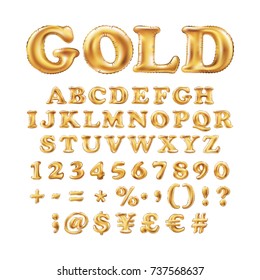 Metallic Gold Alphabet Balloons, Golden Letter Type For Text, Letter, New Year, Holiday, Birthday, Celebration. Golden Shiny Bright Font In The Air. Art