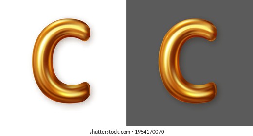 Metallic gold alphabet letter symbol - C. Creative vector illustration of golden glossy font, metallic font, golden letter isolated on white and gray background.