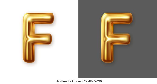 Metallic gold alphabet letter symbol - F. Creative vector illustration of golden glossy font, metallic font, golden letter isolated on white and gray background.