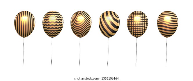 Metallic gold balloon isolate on white. Flying balloons isolated with trendy retro patterns for birthday party or holiday poster.