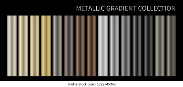 Metallic gold, bronze, silver gradient vector colorful palette and texture set. Holographic background swatch template for banner, screen, mobile,  label, tag. Metal color gradient vector design