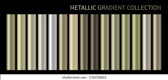 Metallic gold, bronze, silver, green gradient vector colorful palette and texture set. Pastel background swatch template for banner, screen, mobile,  label, tag. Metal color gradient vector design