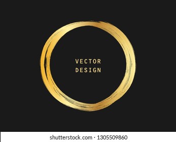 Metallic gold circle shape. Label, logo design element, frame. Brush abstract wave. Vector illustration.