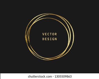 Metallic gold circle shape. Label, logo design element, frame. Brush abstract wave. Vector illustration.