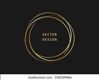 Metallic gold circle shape. Label, logo design element, frame. Brush abstract wave. Vector illustration.